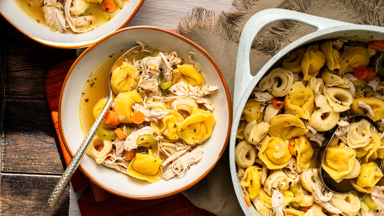 chicken tortellini soup in bowls