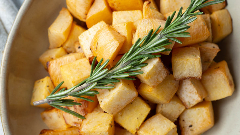 simple roasted rutabaga in bowl 