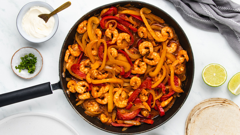 Shrimp fajita filling in pan