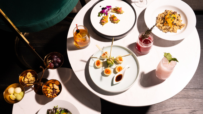 overhead view of small plates of food