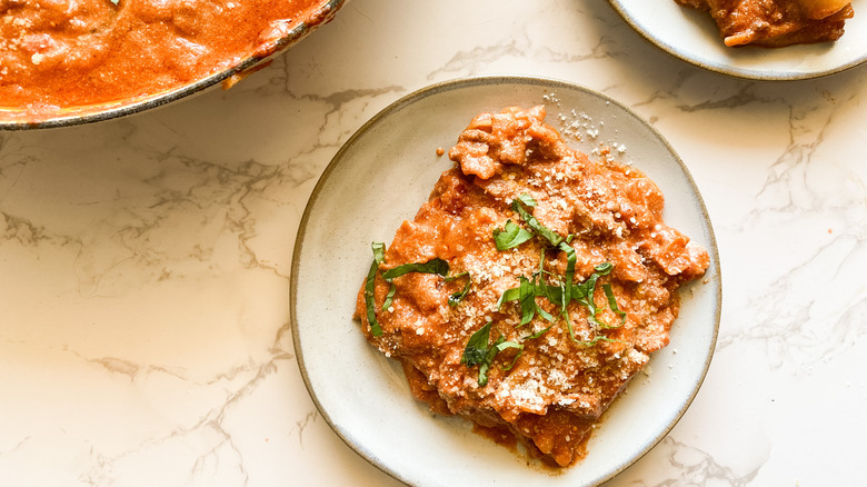 a serving of skillet lasagna