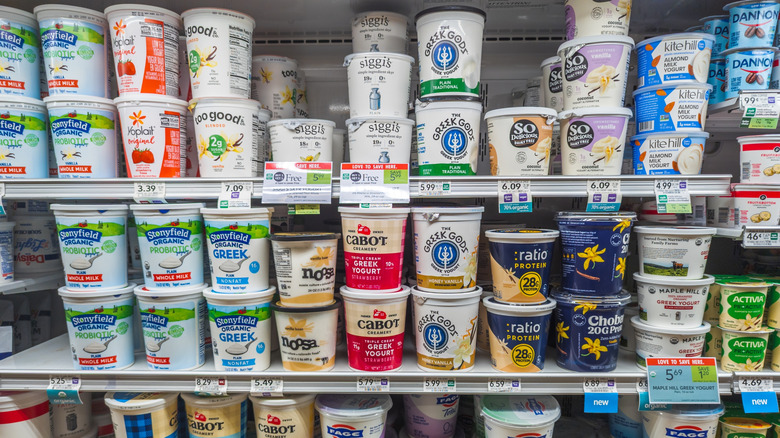 A refrigerated section at the grocery store full of different yogurts.