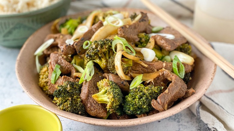 beef and broccoli in a dish 