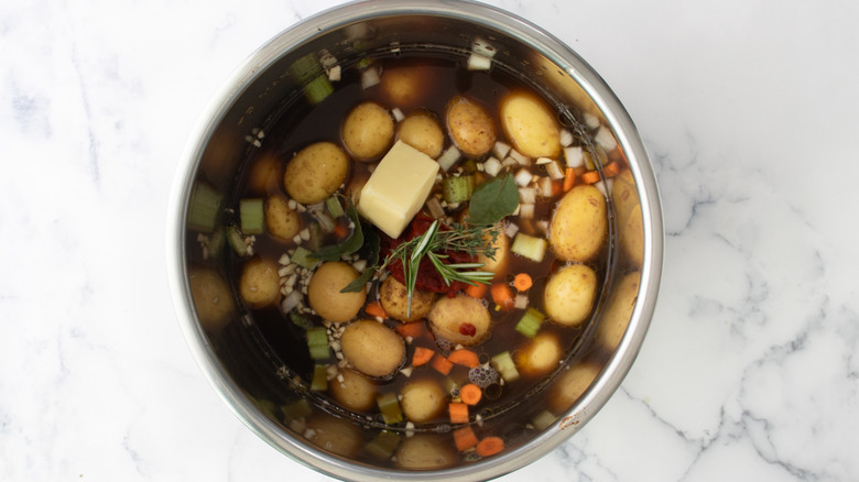 beef vegetable stew ingredients with seasonings in pot
