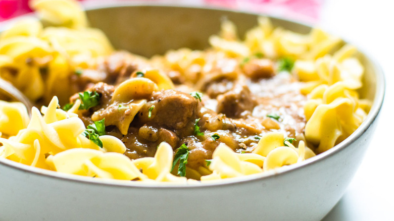 bowl beef tips and noodles