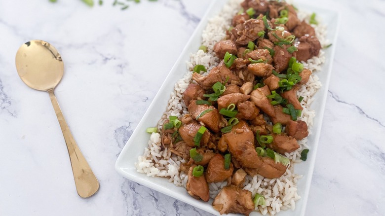 Sweet and Smoky Bourbon Chicken over white rice