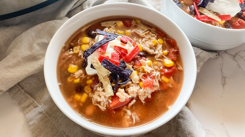 Slow cooker chicken taco chili in bowl 