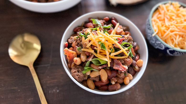 slow cooker cowboy beans in bowl 