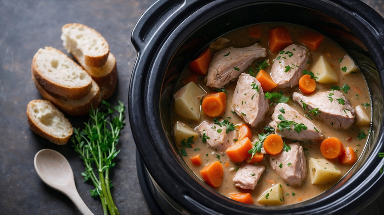 Stew in slow cooker with herbs, bread, and wooden spoon