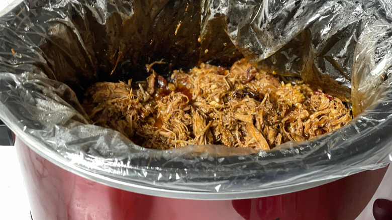Pulled pork in lined slow cooker