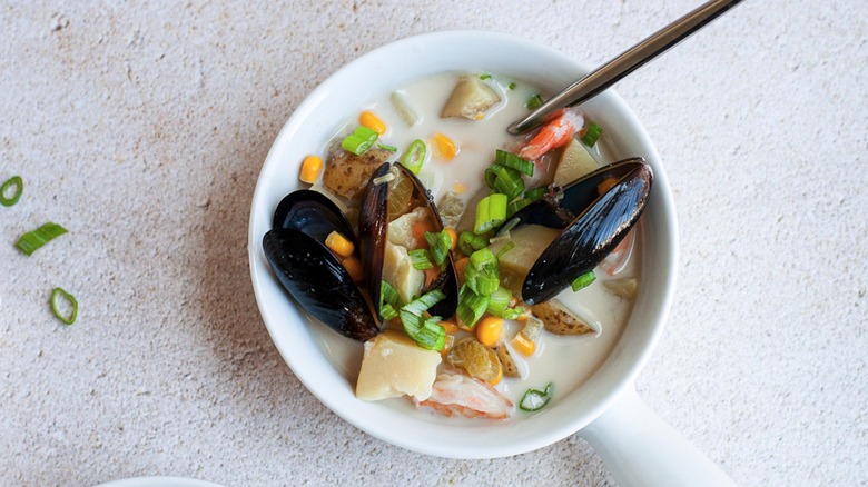 a bowl of seafood chowder