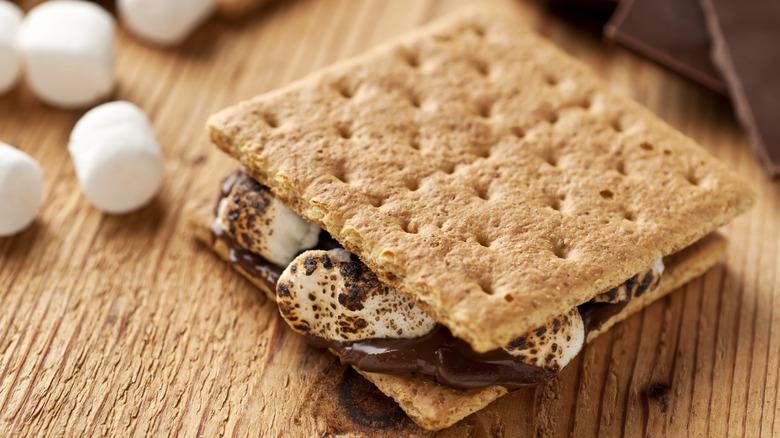 S'more on table with marshmallows and chocolate