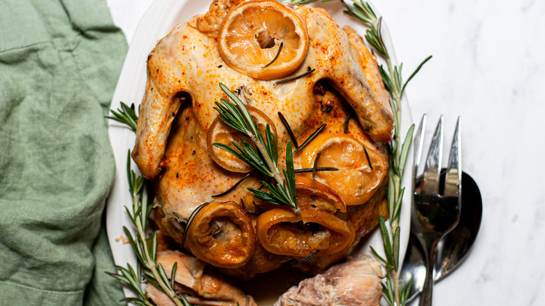 slow cooker whole chicken on platter
