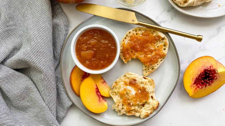 peach jam on english muffin