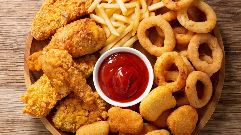 Fried food in wood bowl