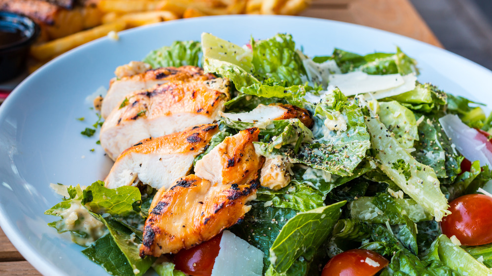 Grilled chicken on a restaurant salad