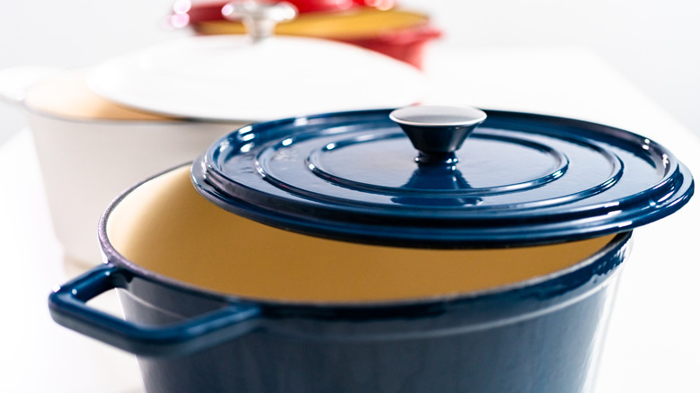 Blue Dutch oven with the lid off