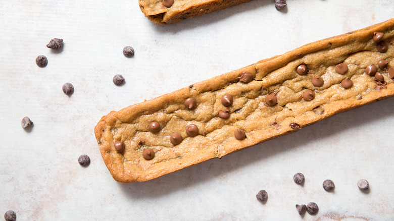 copycat Subway footlong cookies on white background surrounded by chocolate chips