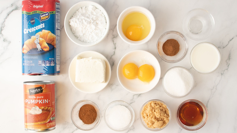 Pumpkin dessert crescent roll ingredients on countertop