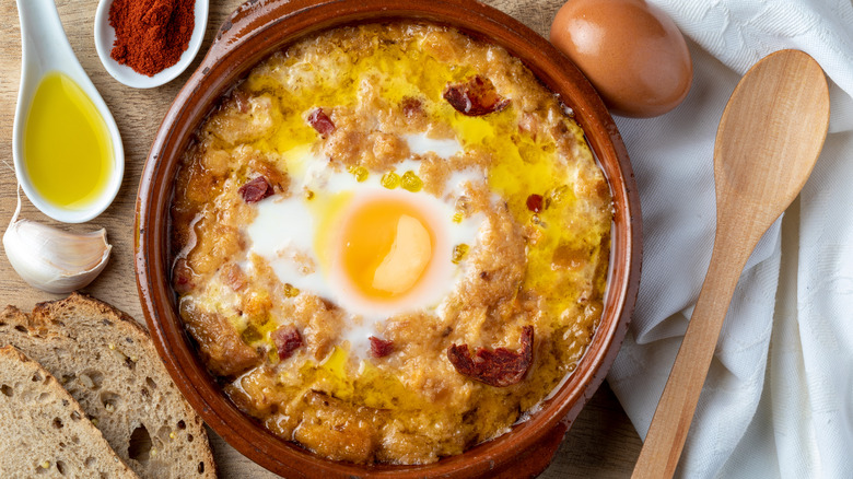 A pot of Spanish soup Sopa de Ajo