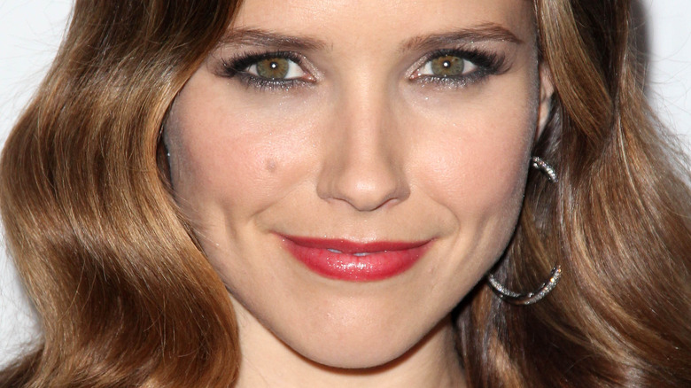 Sophia Bush smiles with red lipstick