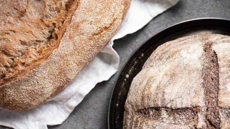 Closeup, top-view editorial shot of two artisanal breads on a table