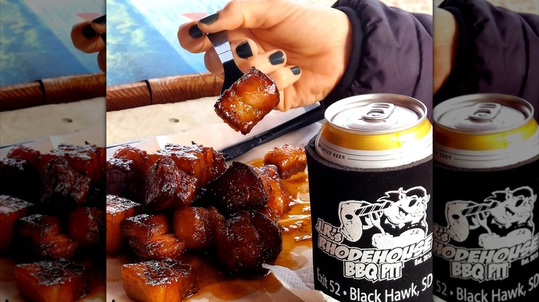 short ribs and beer can with J.R.'s Rhodehouse BBQ Pit coozie