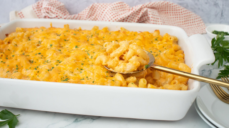 Baked mac and cheese in casserole dish with spoonful of pasta on top