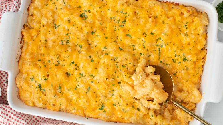 Mac and cheese topped with parsley in casserole dish with spoon