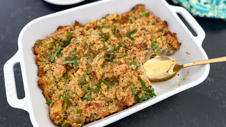 Southern cornbread dressing in tray 