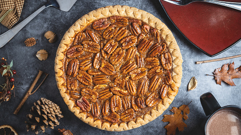 A fresh-baked pecan pie on a table