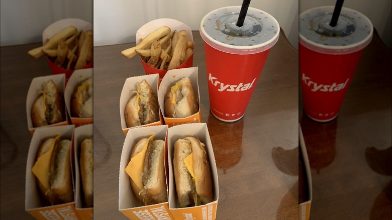 Krystal burgers, fries, and a drink