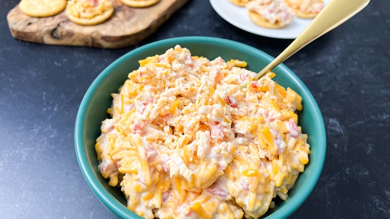 pimento cheese in green bowl