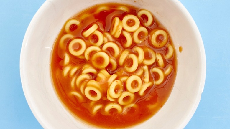 White bowl of SpaghettiOs