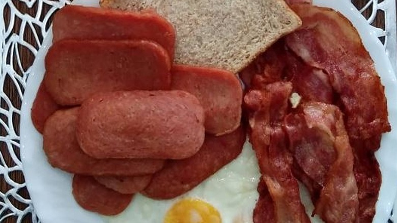 spam and bacon with egg and bread