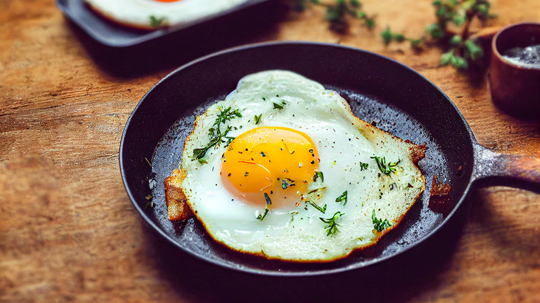 seasoned fried egg in a pan
