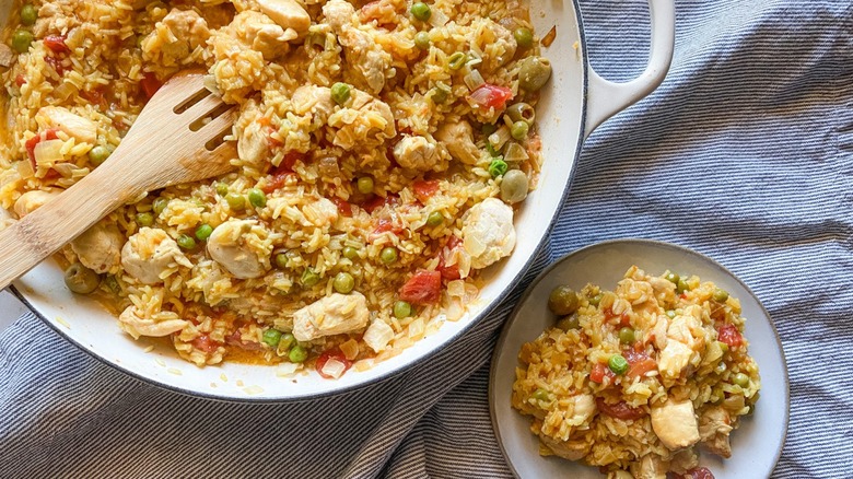 Spanish yellow rice and chicken, plated