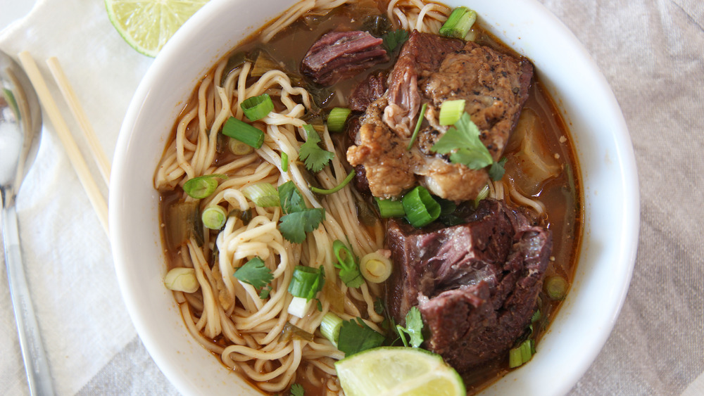 Spicy beef noodle soup served in a bowl