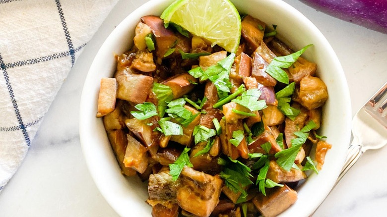 spicy eggplant in white bowl