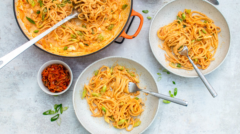 kimchi pasta on table