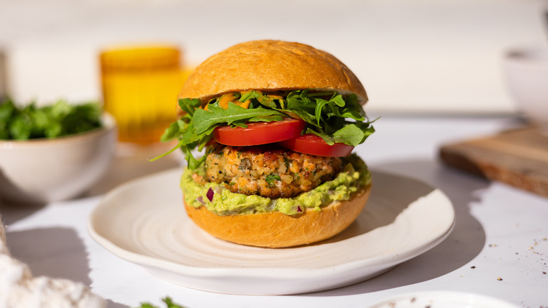 salmon burger on plate 