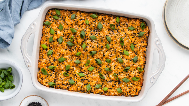 Salmon sushi bake in baking dish