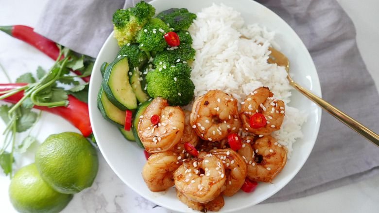 shrimp and veggies in bowl 