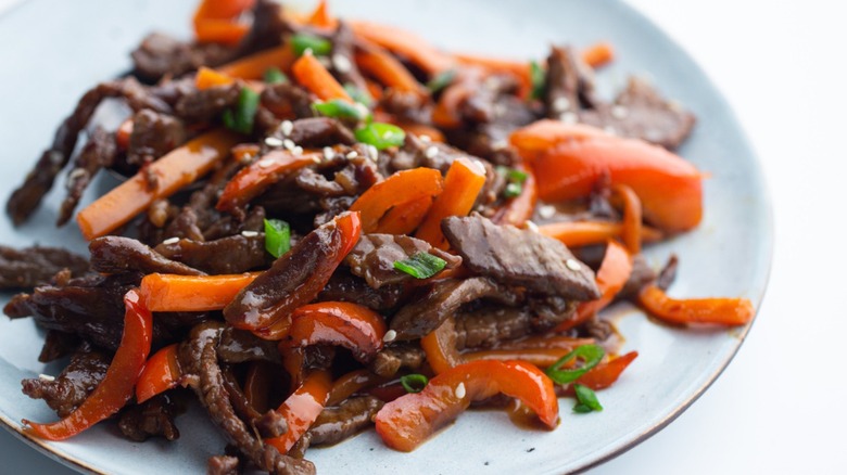 Szechuan beef on plate