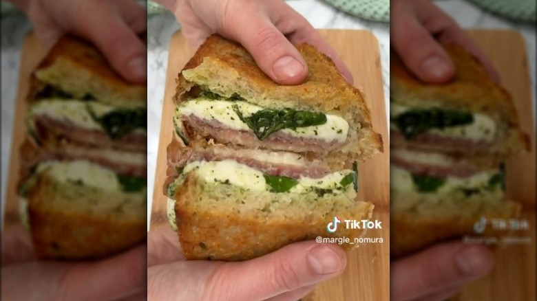 Pesto, basil, prosciutto grilled cheese