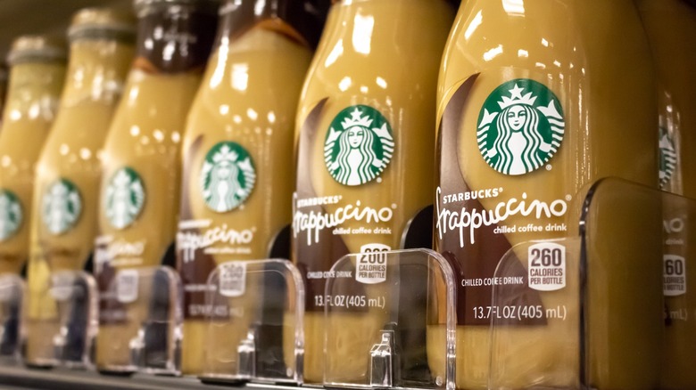 Bottled Starbucks Frappuccinos on a shelf  
