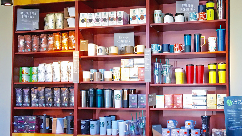 shelf of starbucks coffee and merchandise