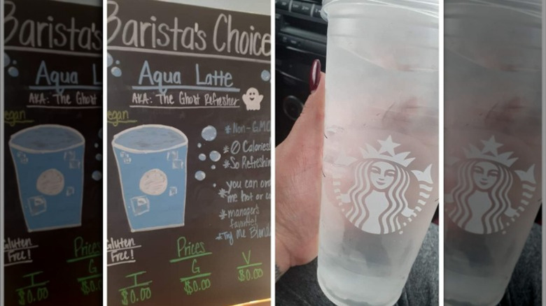 Starbucks "Aqua Latte" sign and cup of water