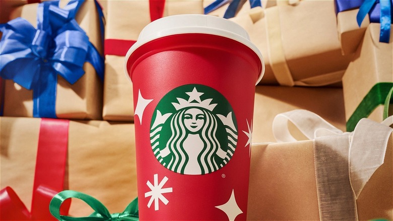 closeup of Starbucks holiday cup