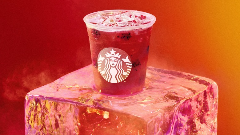 Starbucks spicy refresher beverage on ice block